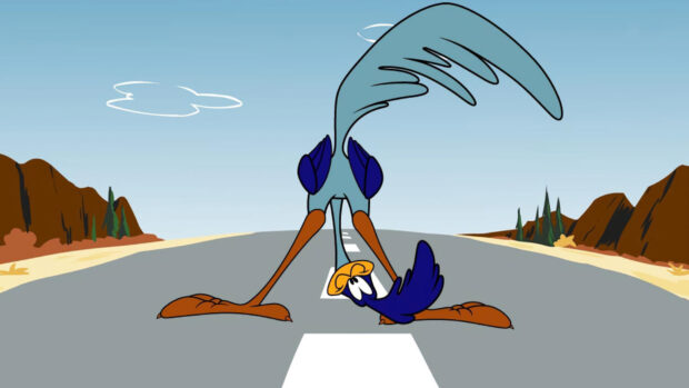 The Road Runner character stands on the highway in a Looney Tunes scene