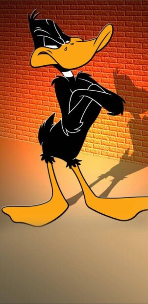 Daffy Duck character from Looney Tunes standing with crossed arms against a brick wall