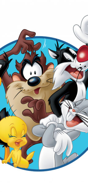 Happy Looney Tunes characters including Tasmanian devil and Bugs Bunny with classic expressions