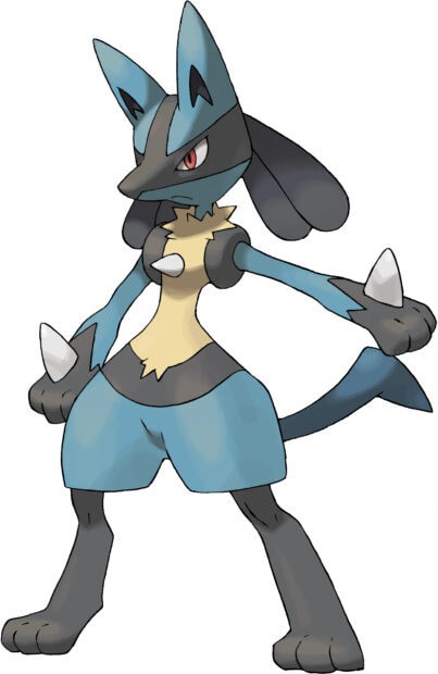A fierce Lucario stands ready for battle with determined eyes and sharp spikes on its paws
