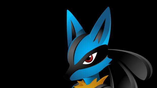 Close up of Lucario character with red eyes and detailed blue fur in a digital artwork