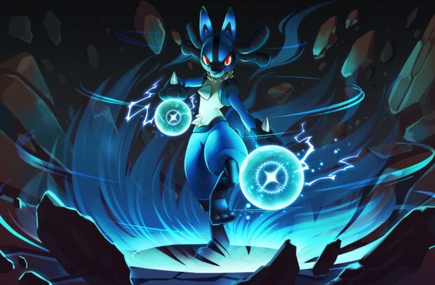 Lucario character unleashing powerful energy spheres surrounded by floating rocks