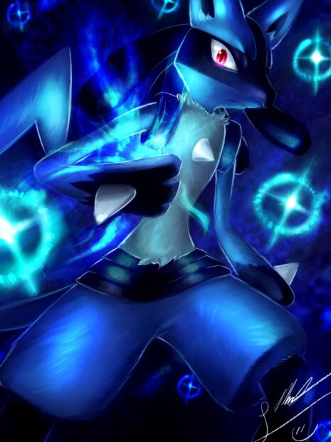 Lucario character emitting blue aura with glowing symbols around in a dark background