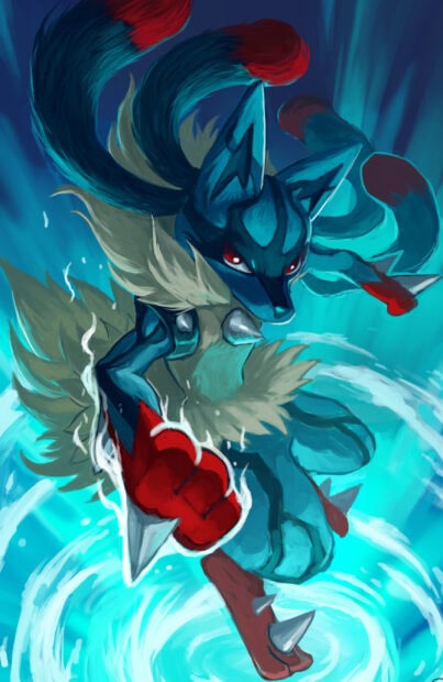 Fierce Lucario ready to strike with glowing fists in a dynamic battle pose