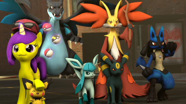 Lucario standing with other characters in a detailed urban setting at night