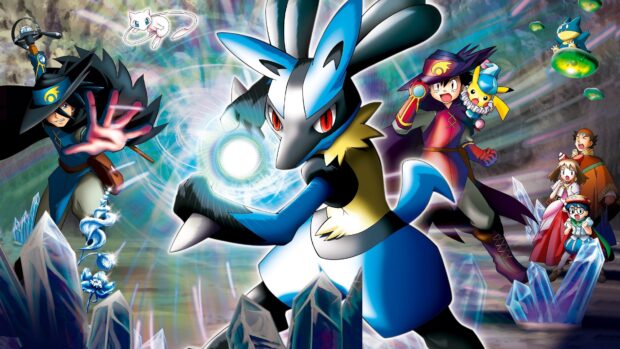 Lucario in an action pose surrounded by crystals and characters in a fantasy setting