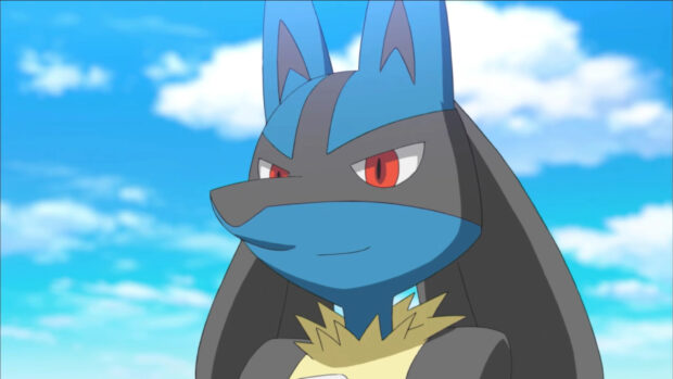 Lucario character from Pokemon standing confidently with a blue sky background
