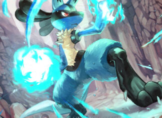 Lucario using aura powers in a rocky environment with intense focus and energy