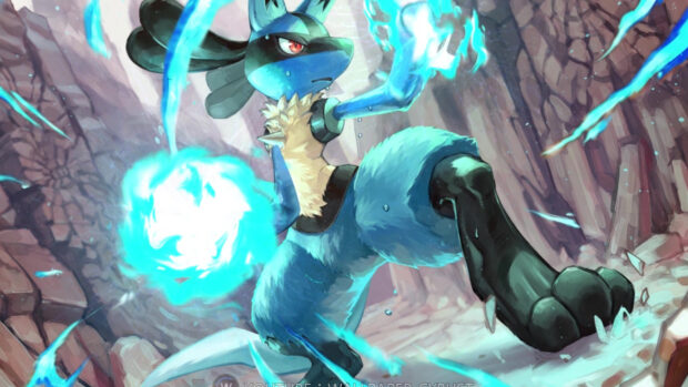 Lucario using aura powers in a rocky environment with intense focus and energy