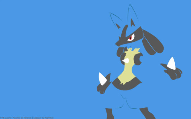 Minimalist Lucario design on blue background featuring a powerful fighting stance