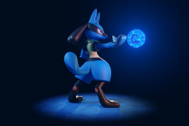 Lucario character preparing an energy ball in a dark setting with glowing blue light