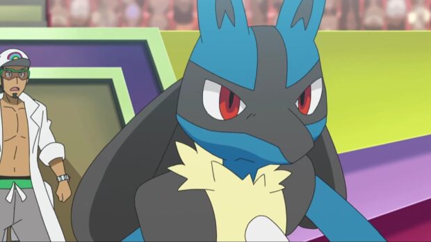 Lucario character showing determination in a battle arena with trainer in the background