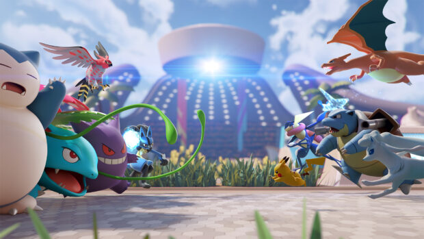 Lucario is preparing to battle with other Pokemon in an intense stadium scene