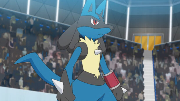 Lucario standing determined in a crowded stadium during a battle event