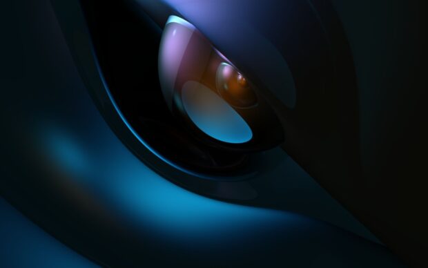 A dark abstract design featuring smooth curves and reflective surfaces with blue and purple hues