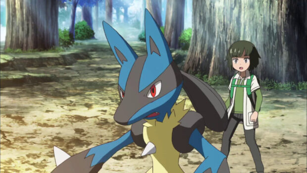 Lucario standing in a forest with a concerned trainer behind him in an anime scene