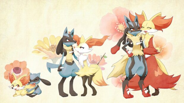 Lucario standing with fennekin in various evolution stages on a floral background