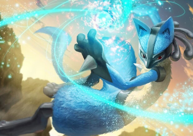 Lucario using aura power in a dynamic battle pose in a rocky environment