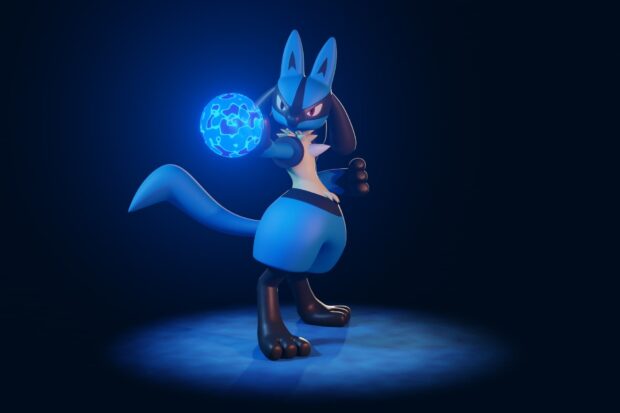 Lucario preparing a powerful energy attack in a dark environment