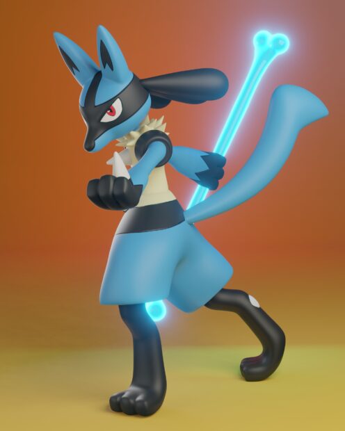 Lucario character in blue tones poised for battle with glowing aura on a warm background