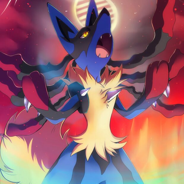 Lucario stands fiercely with glowing eyes and sharp claws in an intense fiery scene