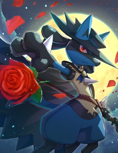 Lucario character holding a red rose under a full moon in an animated scene