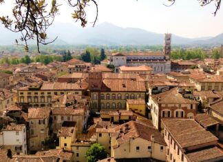A panoramic view of Lucca Italy cityscape with historic buildings and mountains in the background