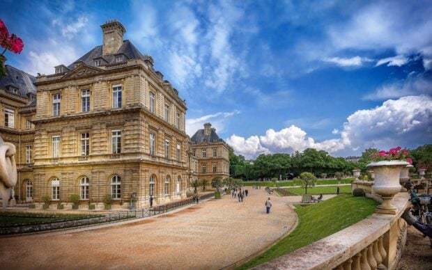 Historic Luxembourg architecture near public gardens on a bright sunny day