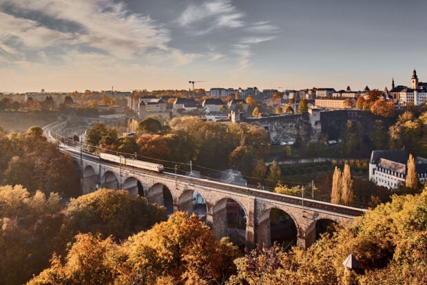 Autumn landscape with Luxembourg cityscape and viaduct bridge in Luxembourg