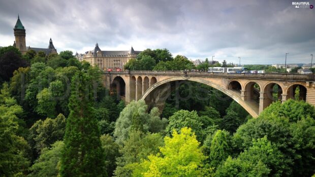Historic architecture and lush greenery in Luxembourg cityscape with a famous bridge spanning a forested valley