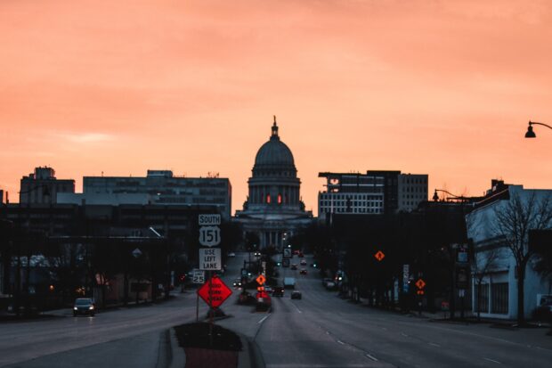 The Madison cityscape at sunset with the Wisconsin state capitol building in view