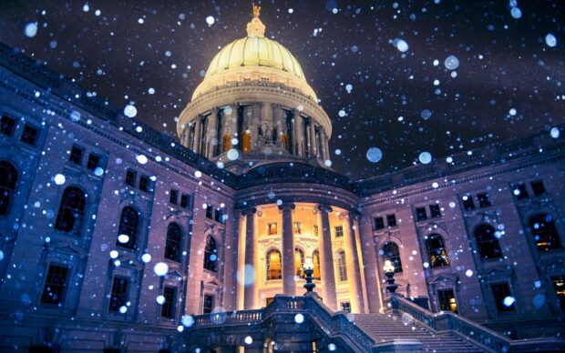 Snow falling at the government building in Madison Wisconsin at night