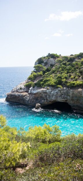 Rugged coastline with green trees and clear blue sea in Mallorca