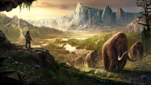 A prehistoric landscape with a herd of mammoth roaming near a cave and a hunter observing the scene