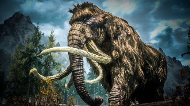 A majestic mammoth standing in a forest with large decorated tusks and cloudy sky in the background