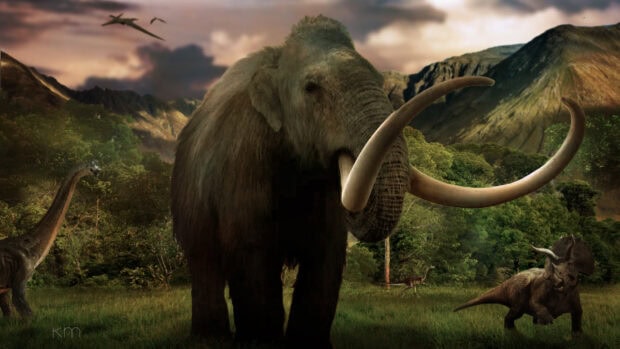 A majestic mammoth standing in a prehistoric landscape surrounded by dinosaurs and mountains