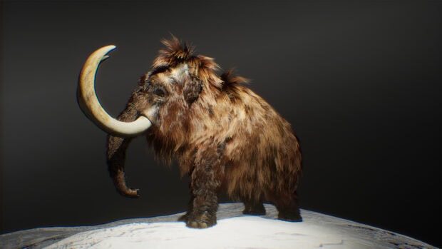A prehistoric mammoth standing on snow covered ground in a dark setting