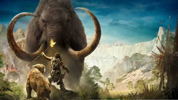 A prehistoric man holding a torch faces a giant mammoth in a mountainous landscape