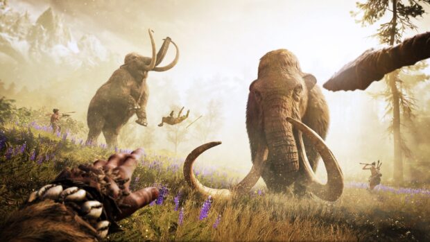 A prehistoric scene shows a mammoth charging at hunters in a grassy field with purple flowers