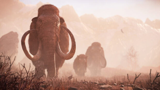 Mammoth walking through a misty prehistoric landscape with mountains in the background