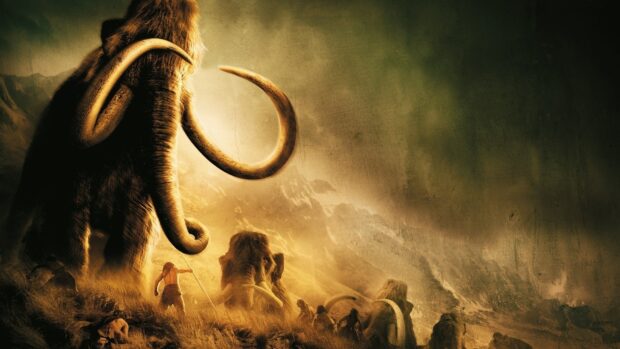 A large mammoth towering over prehistoric humans in a dramatic landscape