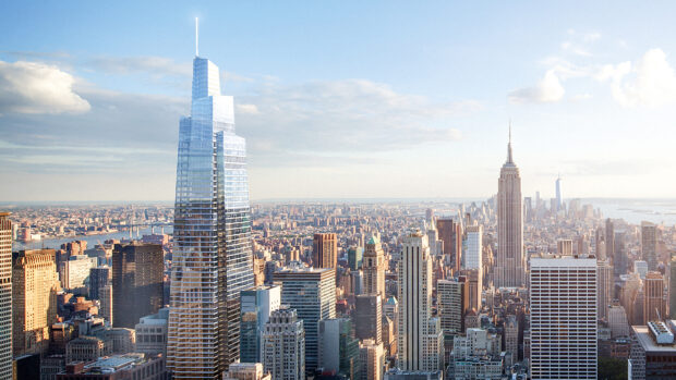 Modern Manhattan skyline with skyscrapers under a clear blue sky in Manhattan