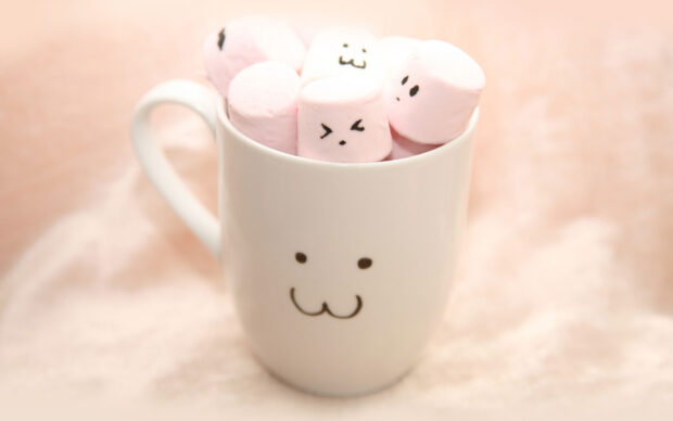 Cute marshmallow characters with various faces inside a white smiling mug