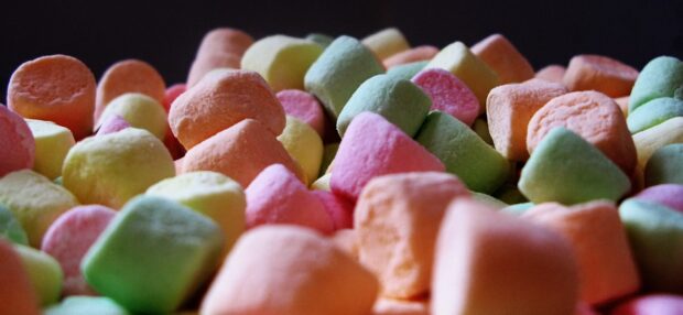 A close up view of colorful marshmallow in various pastel shades