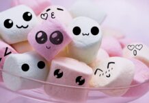 Cute marshmallow with different expressions in a bowl of pastel colors