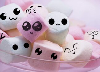 Cute marshmallow with different expressions in a bowl of pastel colors