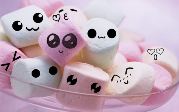 Cute marshmallow with different expressions in a bowl of pastel colors