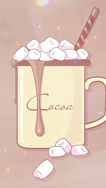 A cozy cocoa cup filled with marshmallow pieces and a striped straw