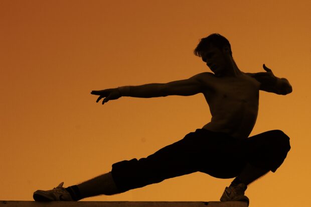 Martial art silhouette of a man performing a high martial art pose against an orange sky