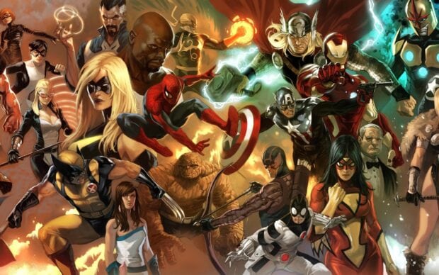 Marvel Comics characters assembled in an action packed scene with iconic heroes and villains